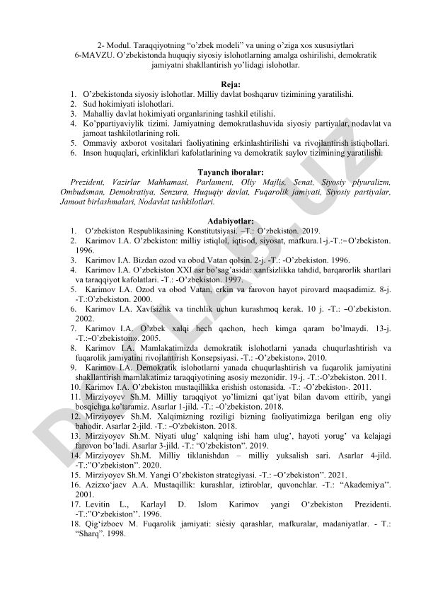 O'zbekistonda huquqiy siyosiy islohotlar va demokratik jamiyat shakllantirish