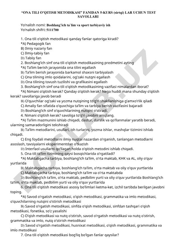 Boshlang'ich sinflarda ona tili o'qitish metodikasi test savollari