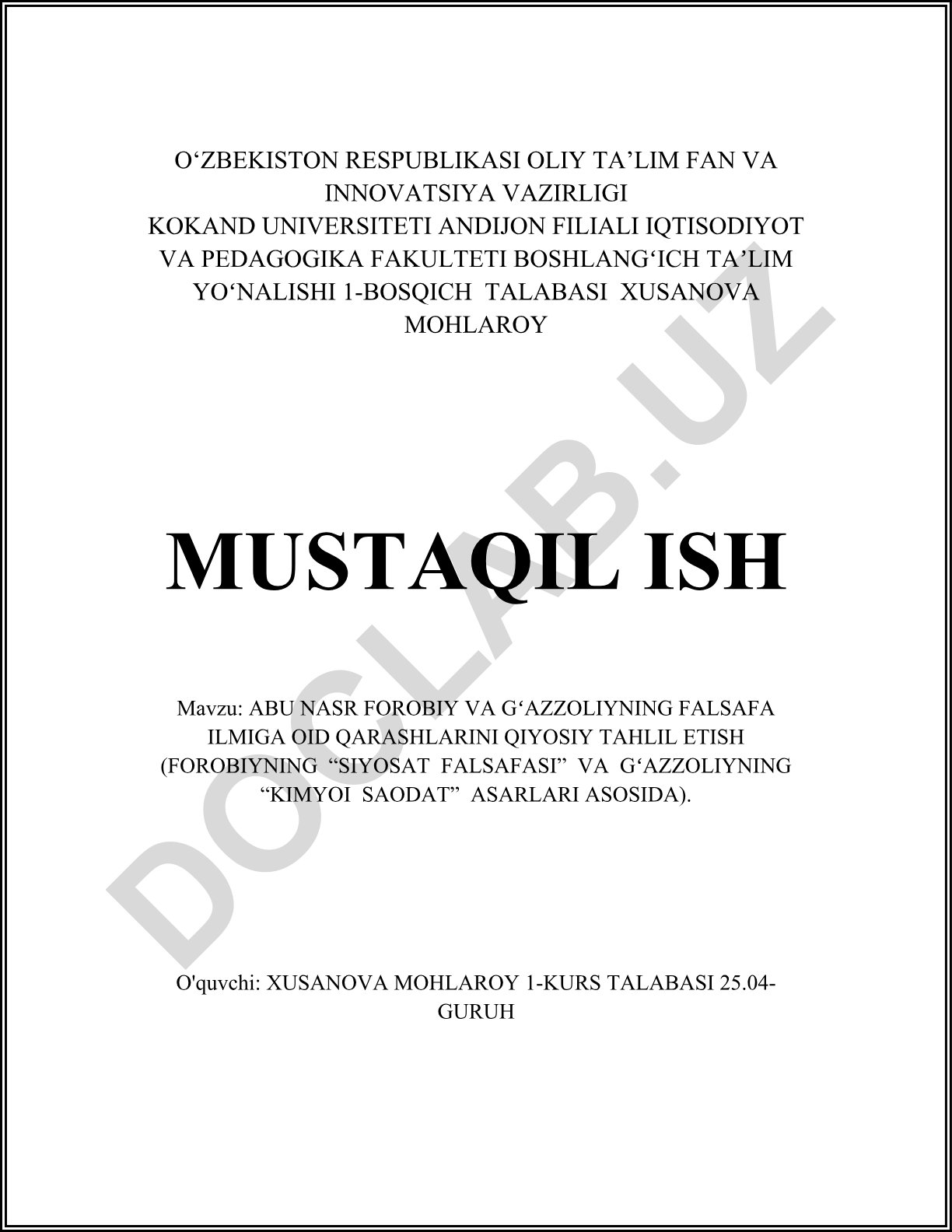 Abu Nasr Forobiy va G'azzoliyning falsafa ilmiqa oid qarashlarini qiyosiy tahlil etish