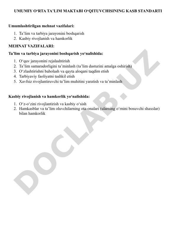 Umumiy o'rta ta'lim maktabi o'qituvchisining kasb standarti