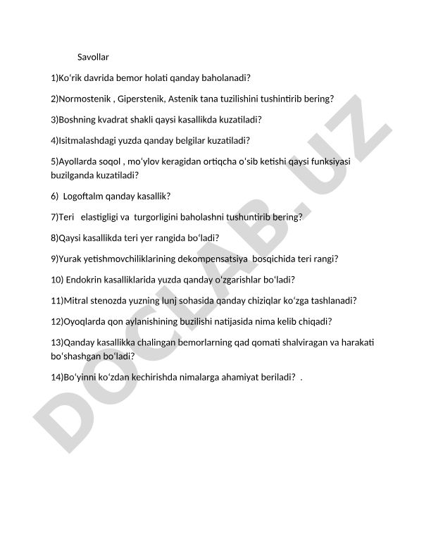Tibbiyot bo'yicha test savollari