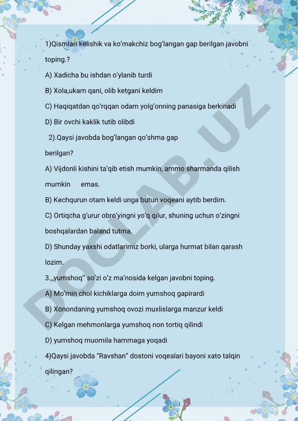 Ona tili test savollari va javoblari