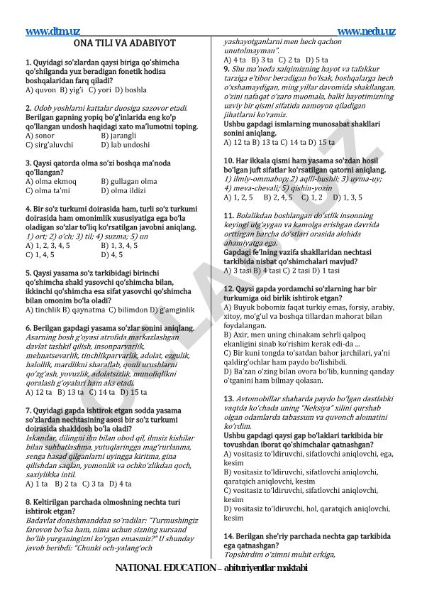 Ona tili va adabiyot fanidan test savollari