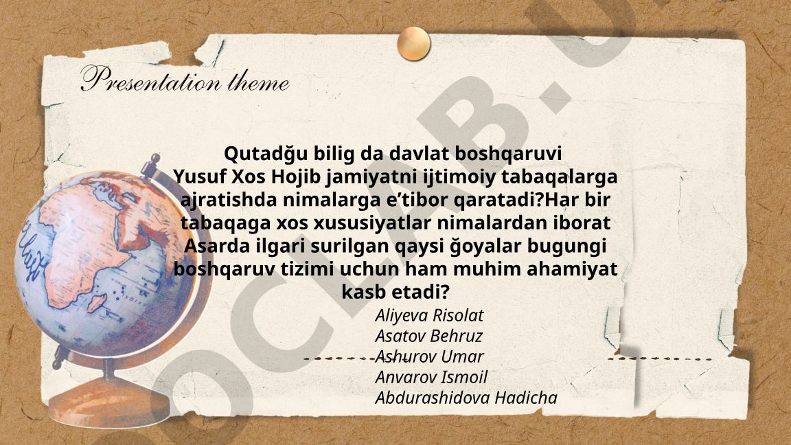 Yusuf Xos Hojibning Qutadğu bilig asarida ijtimoiy tabaqalash va davlat boshqaruvi