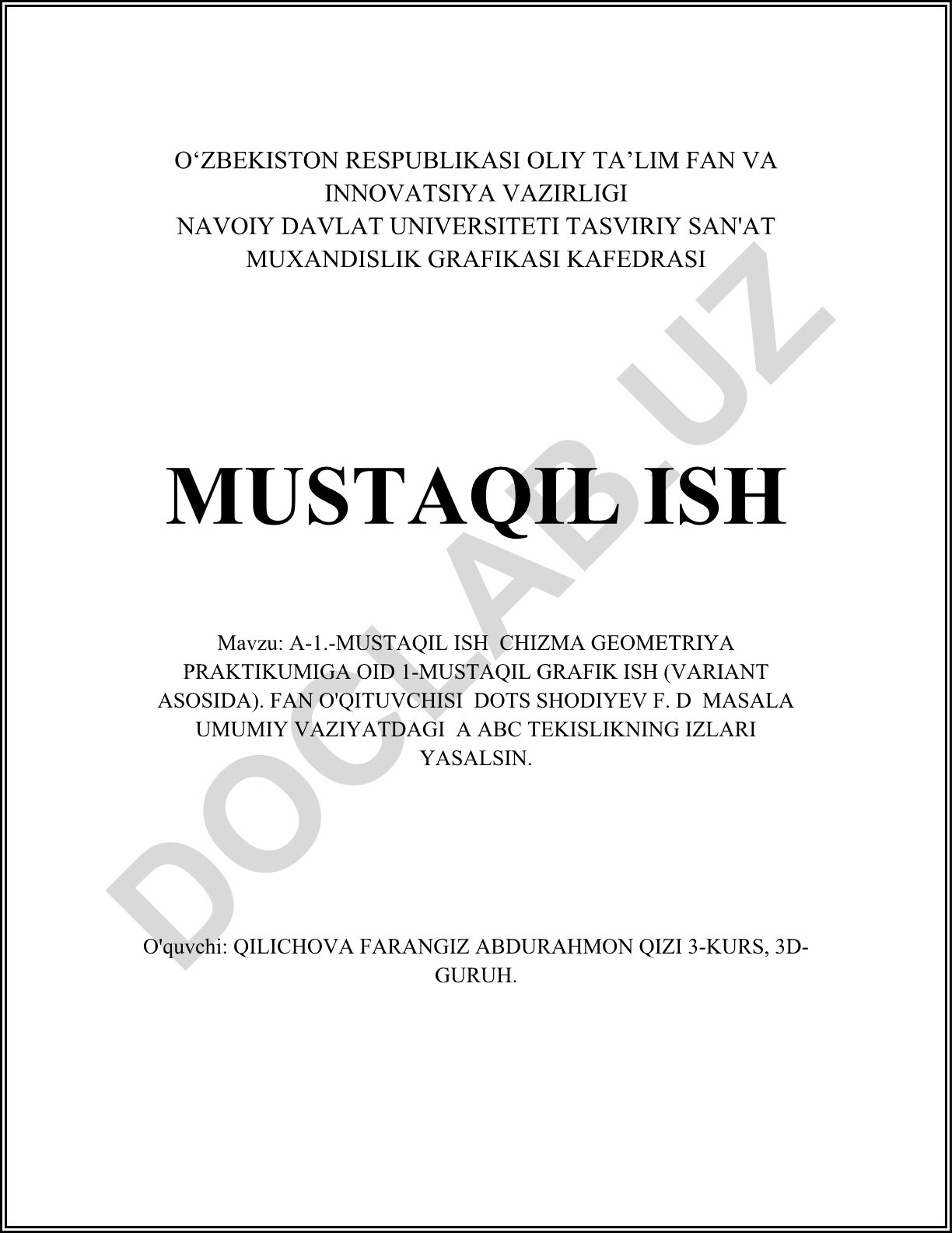 A-1.-MUSTAQIL ISH CHIZMA GEOMETRIYA PRAKTIKUMIGA OID 1-MUSTAQIL GRAFIK ISH (VARIANT ASOSIDA)