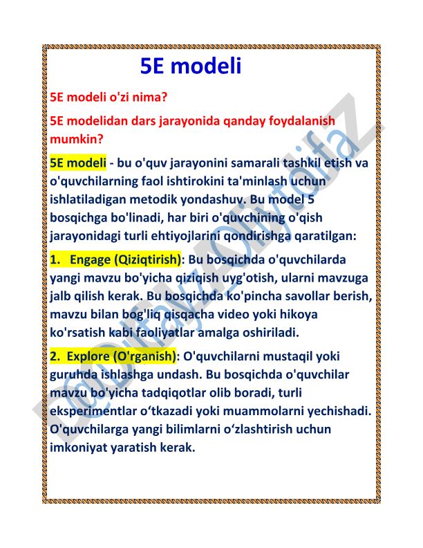 5E modeli: o'quv jarayonini samarali tashkil etish metodikasi