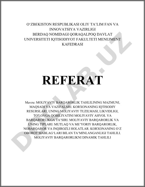 Moliyaviy barqarorlik tahlilining mazmuni, maqsadi va vazifalari