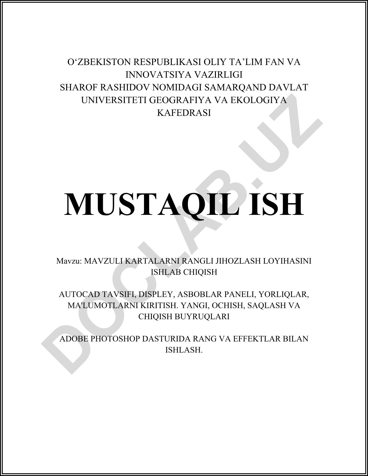 Mavzuli kartalarni rangli jihozlash loyihasini ishlab chiqish