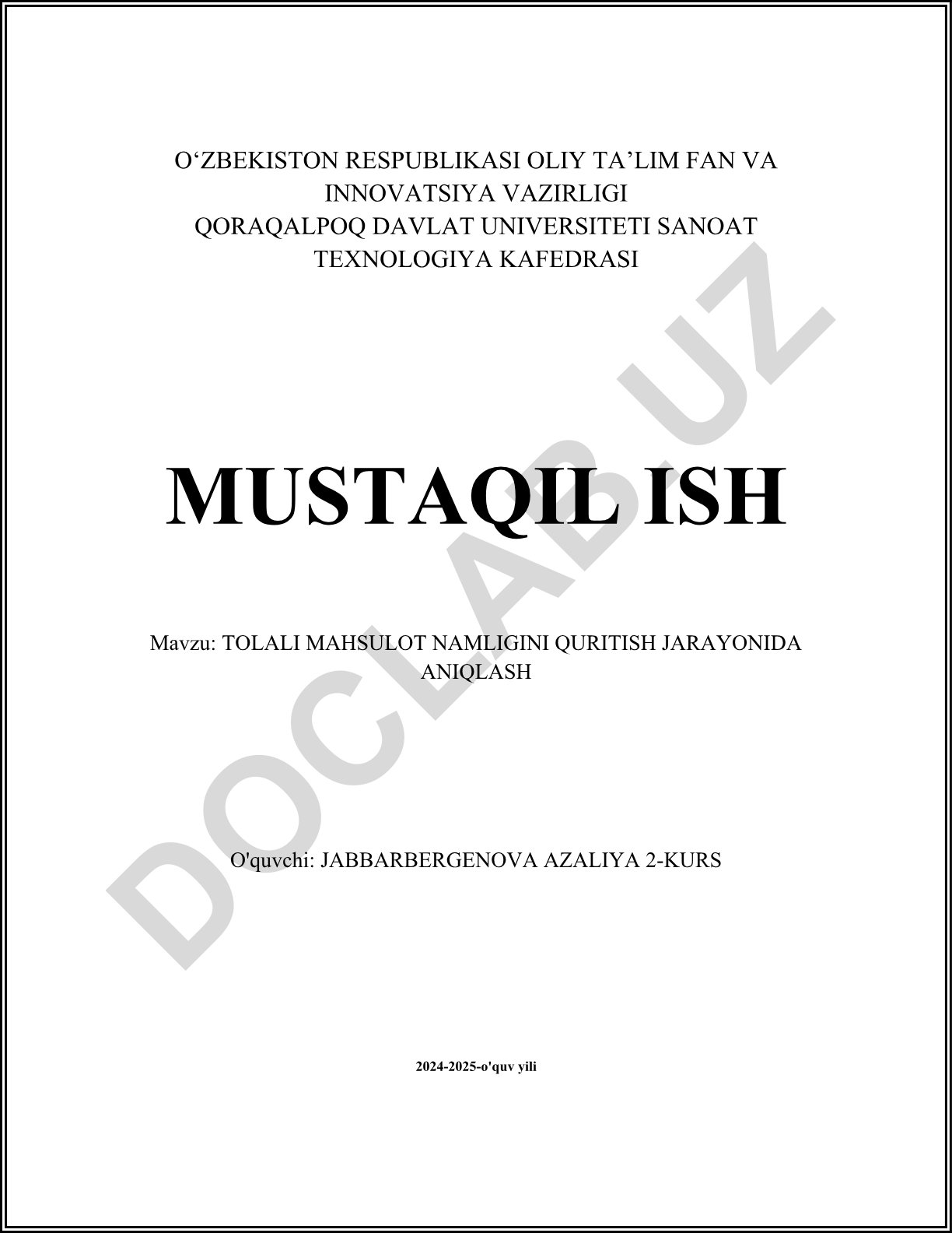 Tolali mahsulot namligini quritish jarayonida aniqlash
