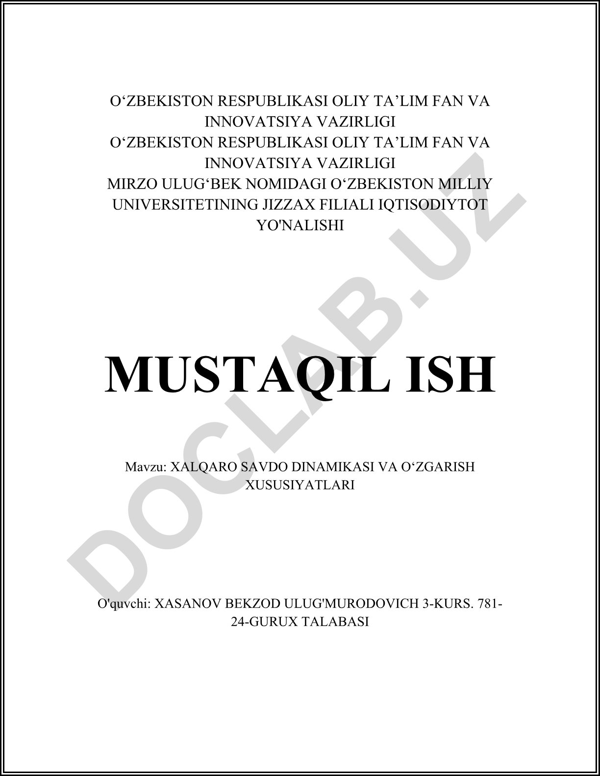 Xalqaro savdo dinamikasi va o‘zgarish xususiyatlari