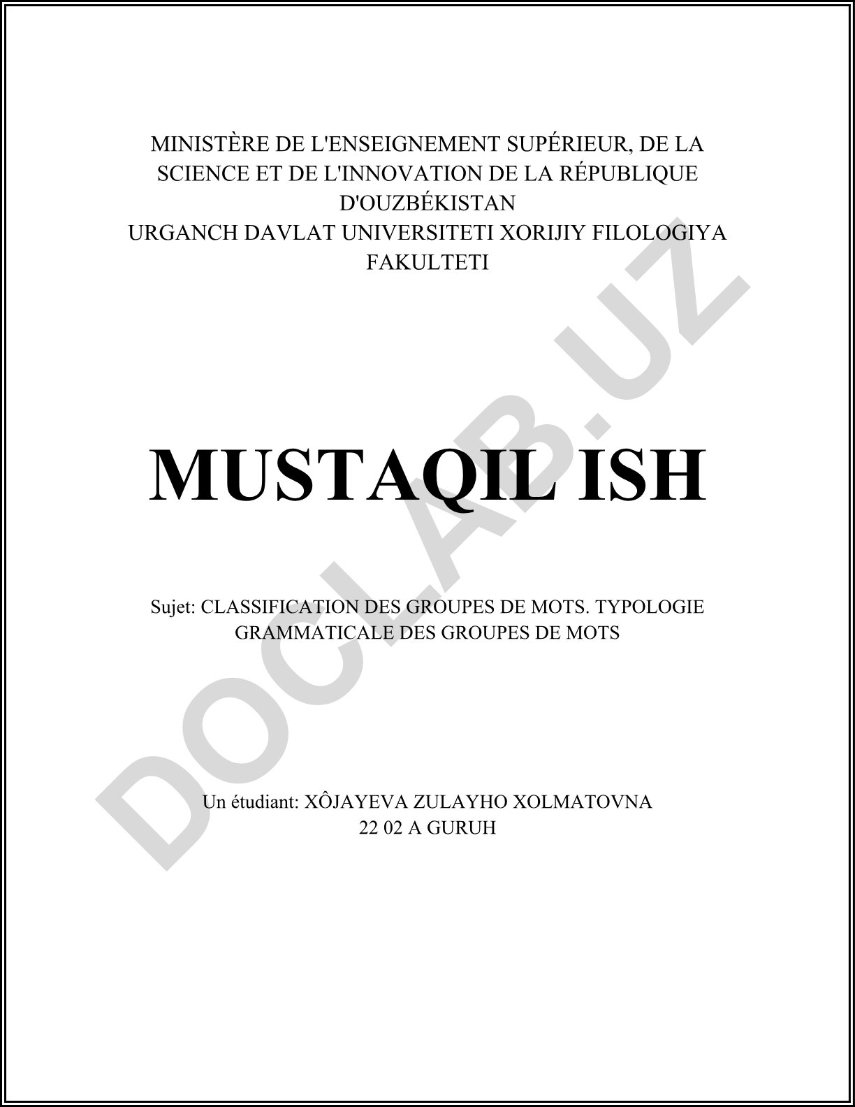 CLASSIFICATION DES GROUPES DE MOTS. TYPOLOGIE GRAMMATICALE DES GROUPES DE MOTS