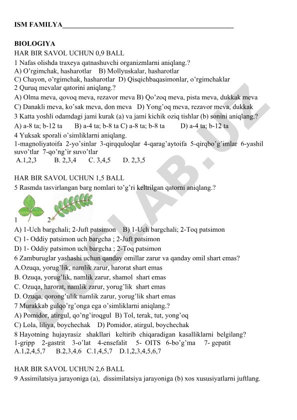 Biologiya fanidan test savollari