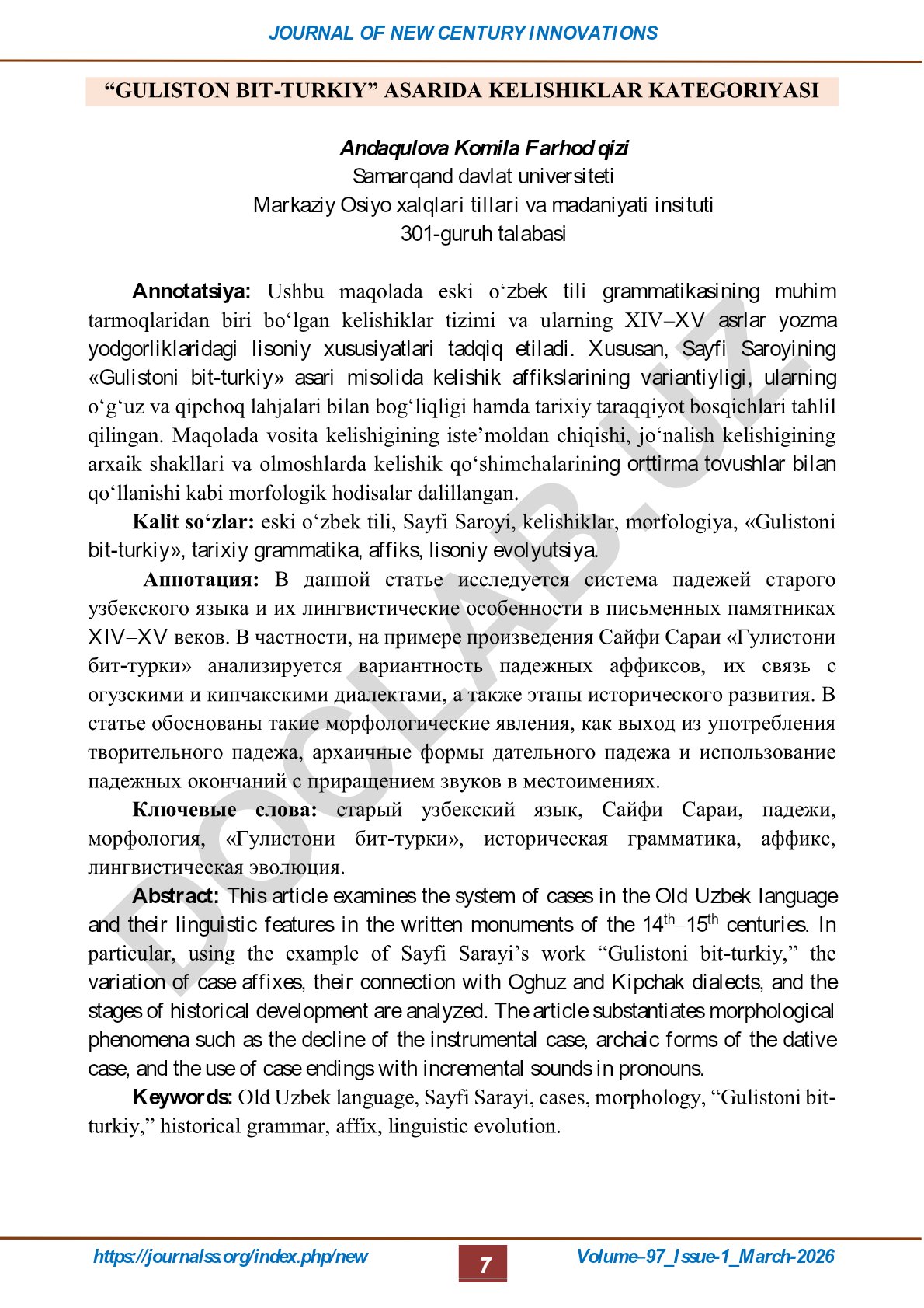 «Gulistoni bit-turkiy» asarida kelishiklar kategoriyasi