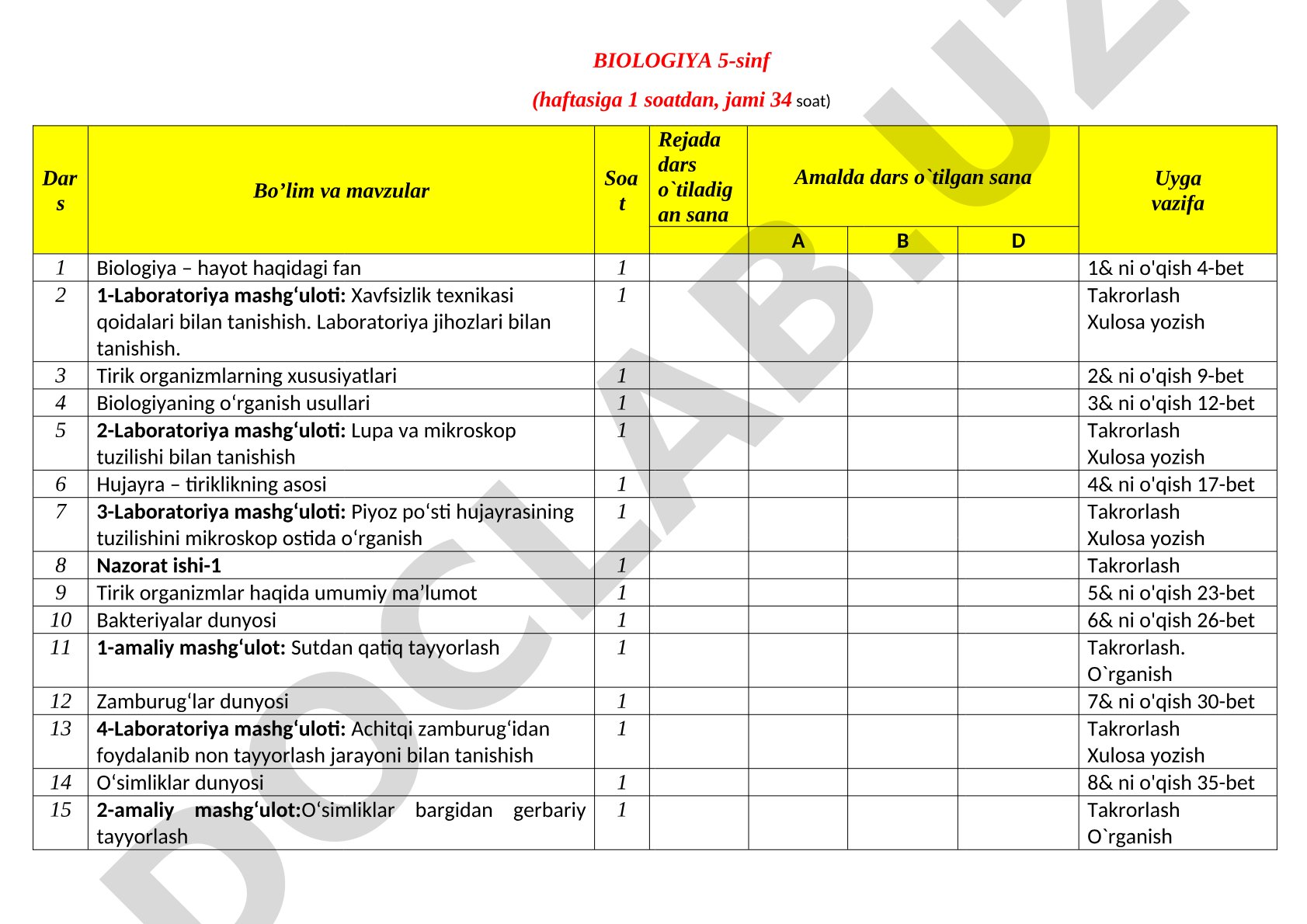 Biologiya 5-sinf kalendar-tematik rejasi