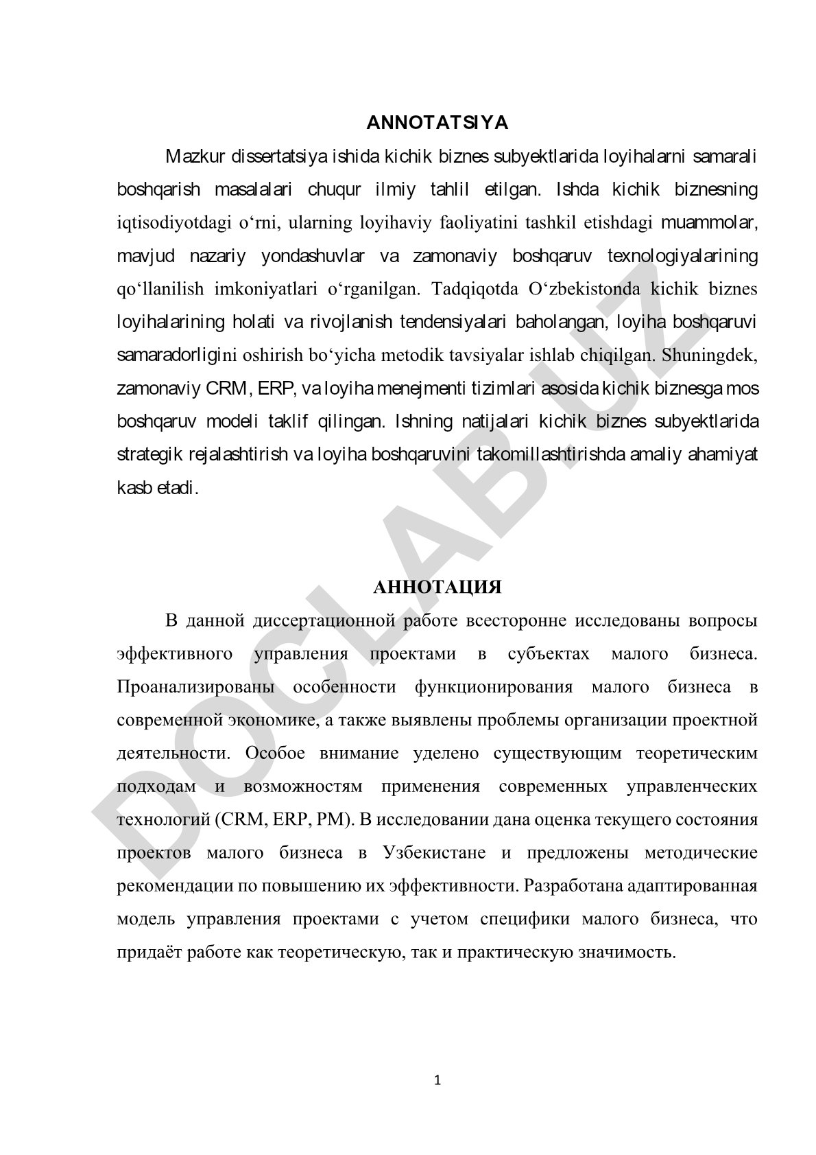 Kichik biznes subyektlarida loyihalarni samarali boshqarish