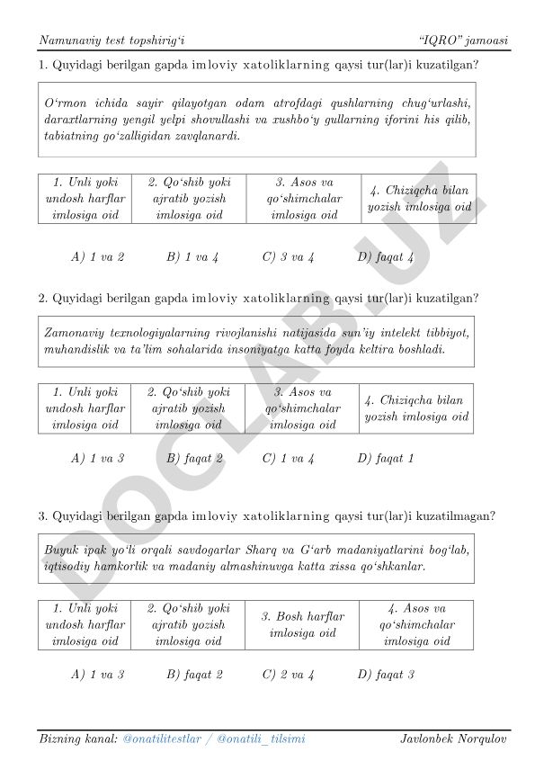 O'zbek tili imloviy xatoliklar test topshirig'i