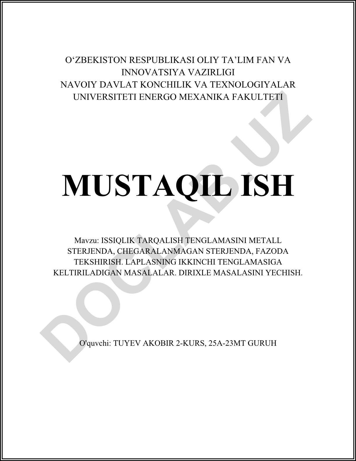 Issiqlik tarqalish tenglamasini metall sterjenda, chegaralanmagan sterjenda, fazoda tekshirish. Laplasning ikkinchi tenglamasiga keltiriladigan masalalar. Dirixle masalasini yechish