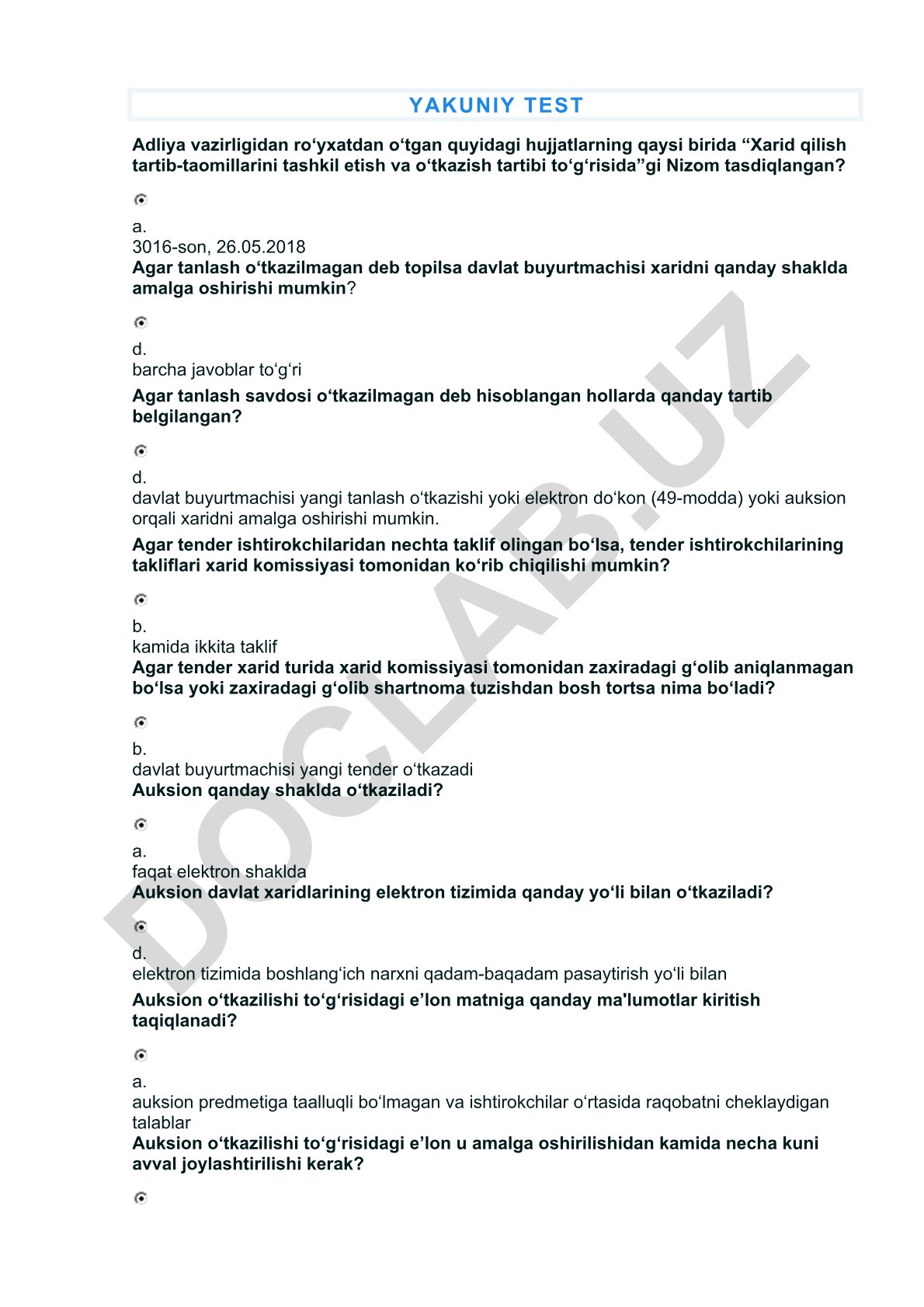 Davlat xaridlari bo'yicha test savollari va javoblari
