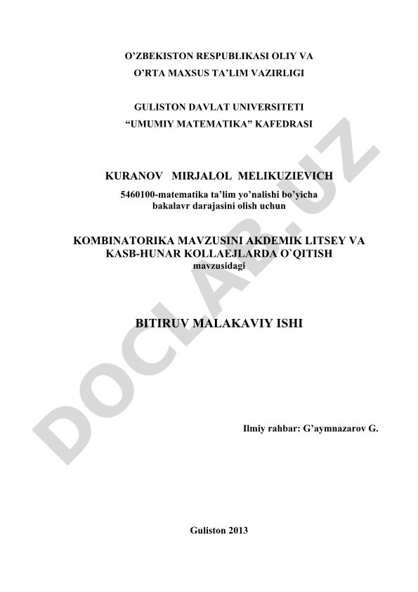 Kombinatorika mavzusini akademik litsey va kasb-hunar kollejlarida o'qitish