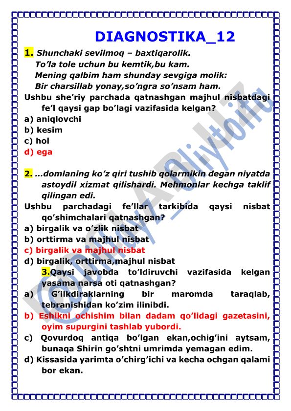 O'zbek tili grammatikasi test savollari