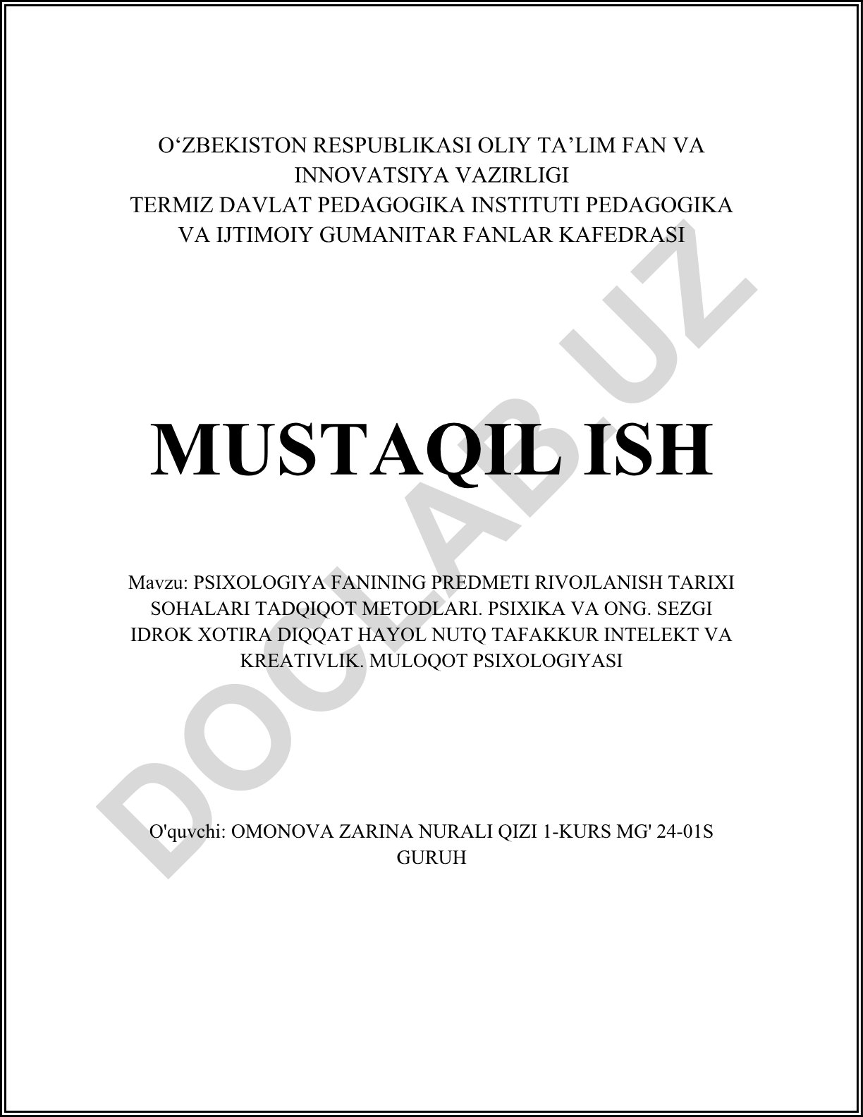 Psixologiya fanining predmeti rivojlanish tarixi sohalari tadqiqot metodlari