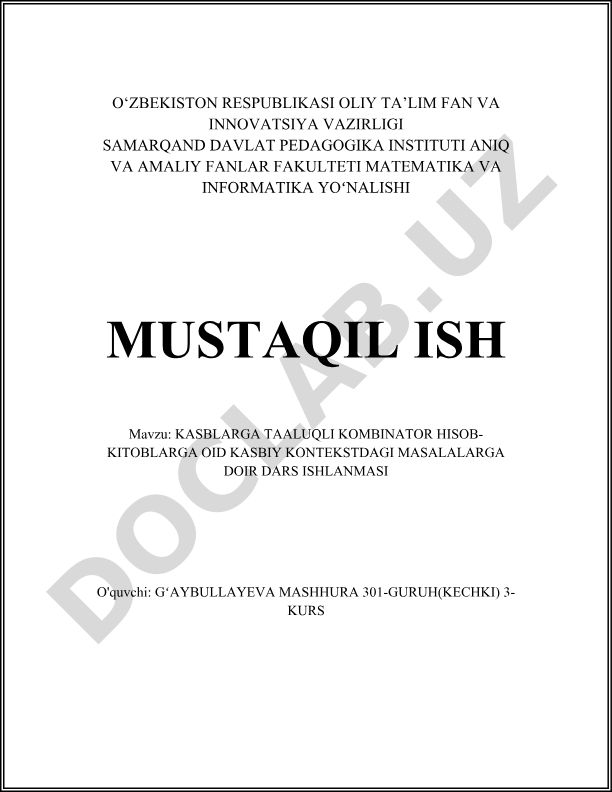 Kasblarga taaluqli kombinator hisob-kitoblarga oid kasbiy kontekstdagi masalalarga doir dars ishlanmasi