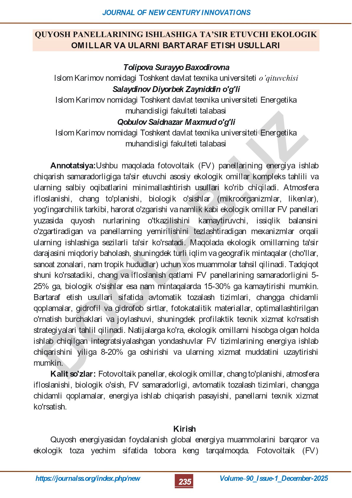 Quyosh panellarining ishlashiga ta'sir etuvchi ekologik omillar va bartaraf etish usullari