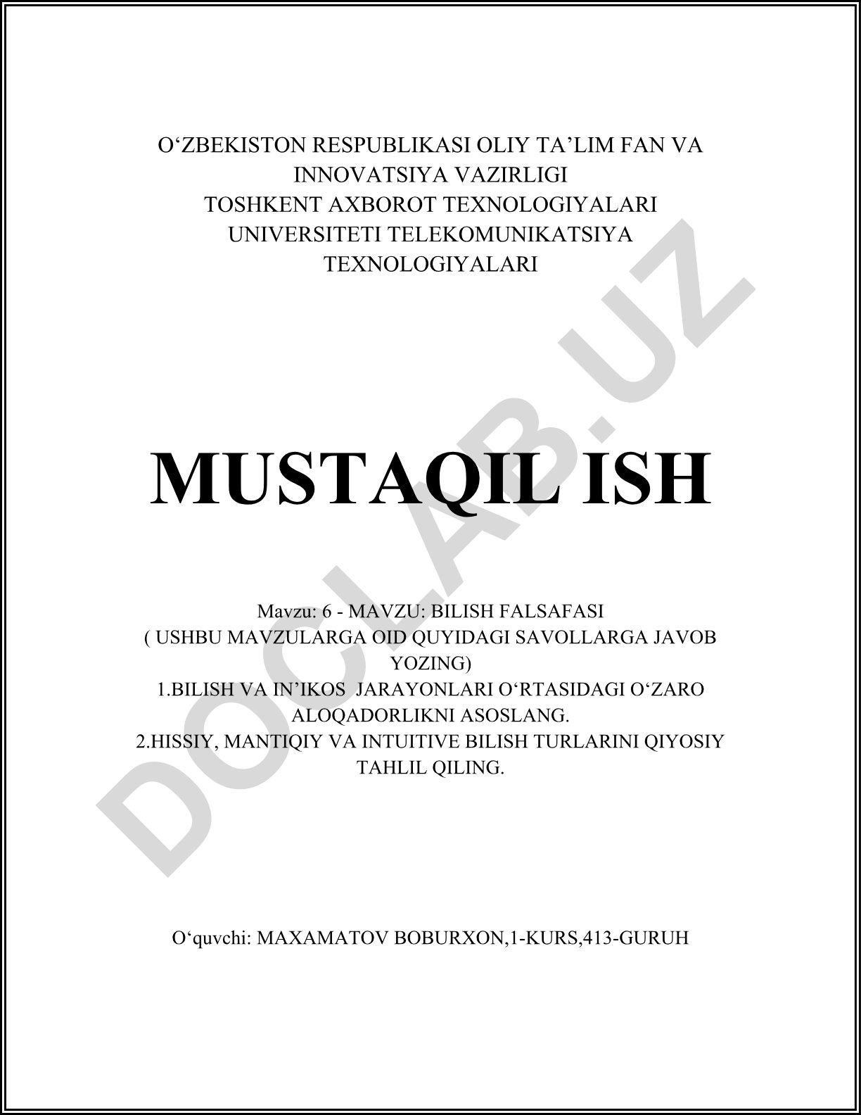 Bilish falsafasi: bilish va in'ikos jarayonlari o'zaro aloqadorligi