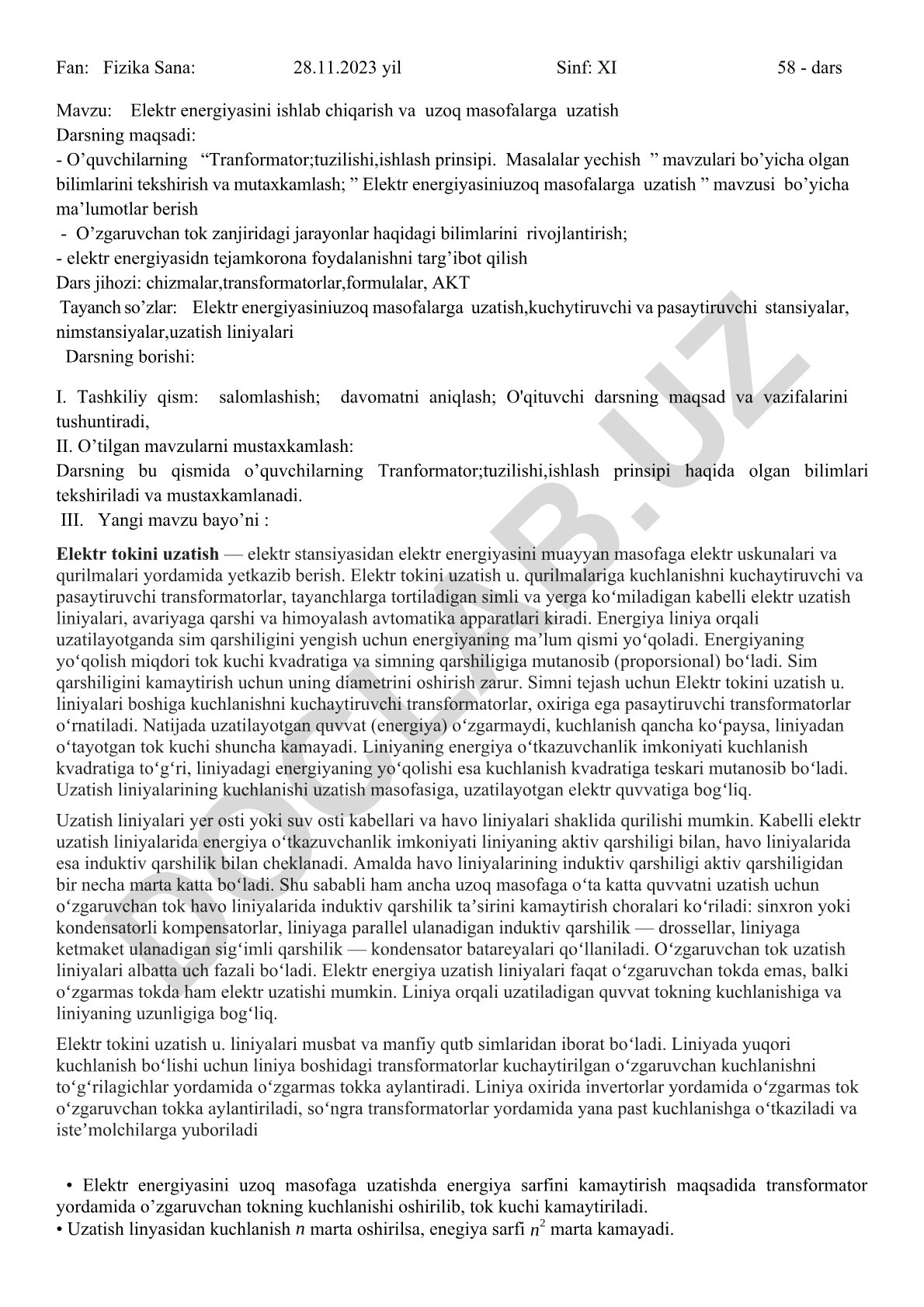 Elektr energiyasini ishlab chiqarish va uzoq masofalarga uzatish