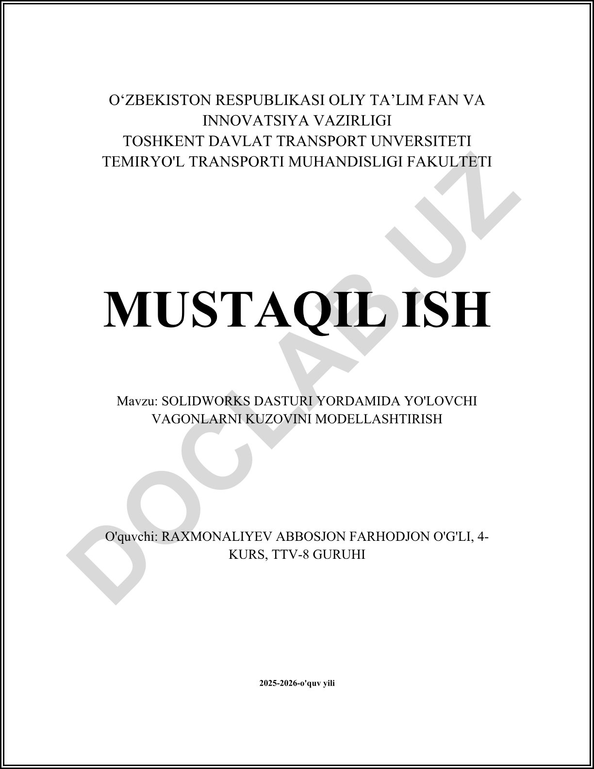 SOLIDWORKS dasturi yordamida yo'lovchi vagonlarni kuzovini modellashtirish