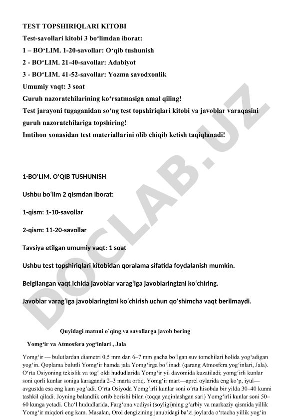 Test topshiriqlari kitobi: O'qib tushunish, adabiyot va yozma savodxonlik