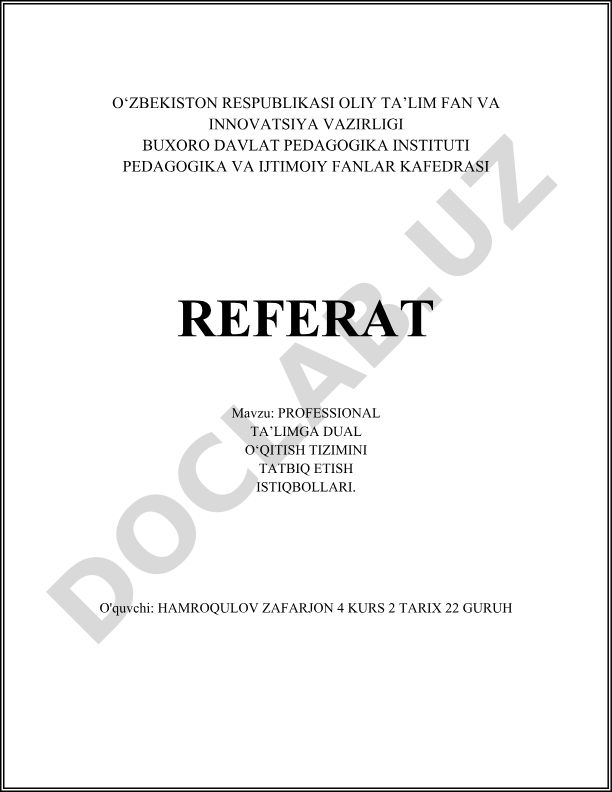 Professional ta’limga dual o‘qitish tizimini tatbiq etish istiqbollari