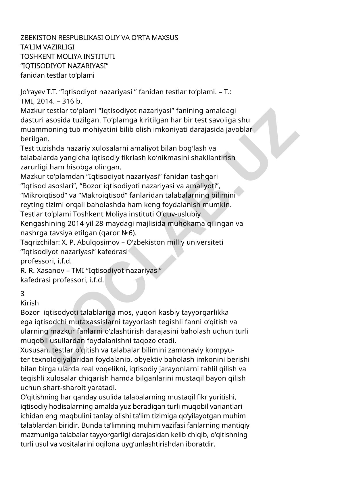 Iqtisodiyot nazariyasi fanidan testlar to'plami