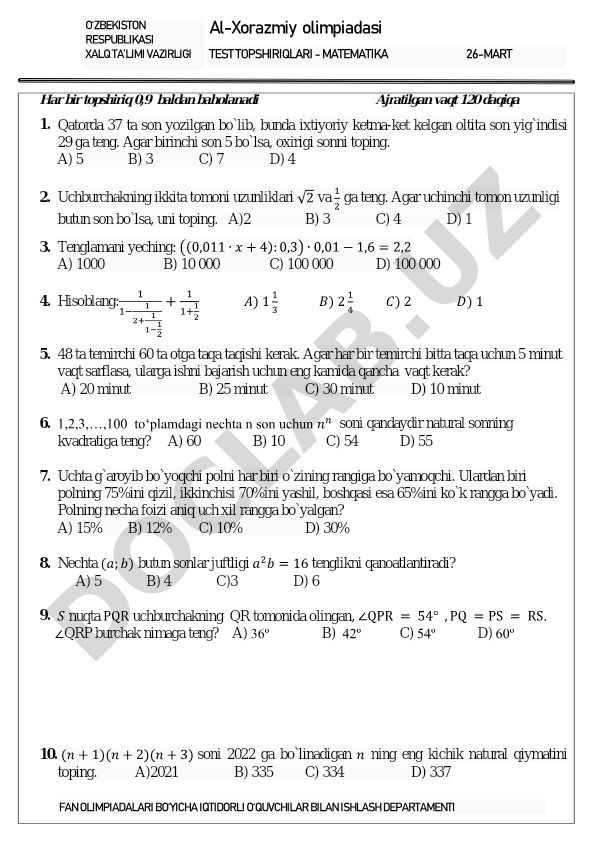 Al-Xorazmiy olimpiadasi matematika test topshiriqlari