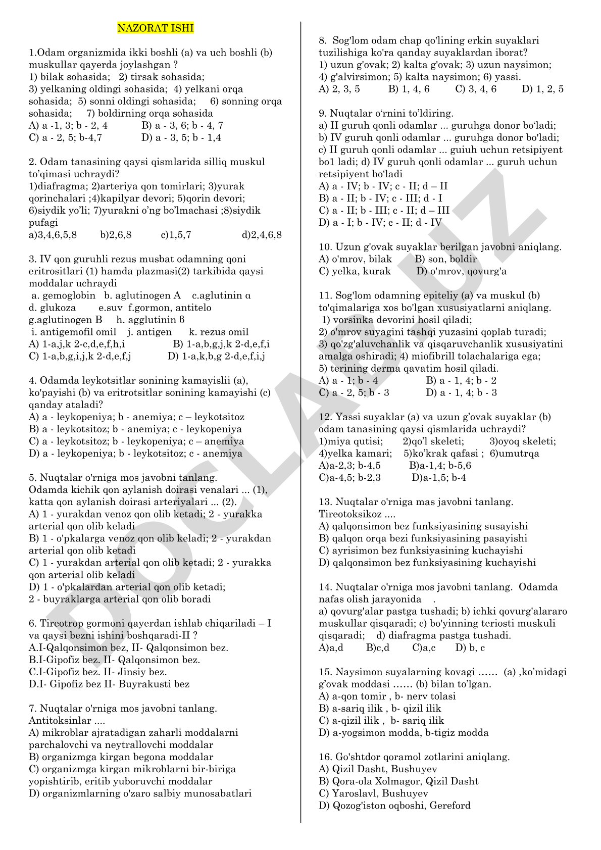 Odam anatomiyasi va fiziologiyasidan nazorat savollari