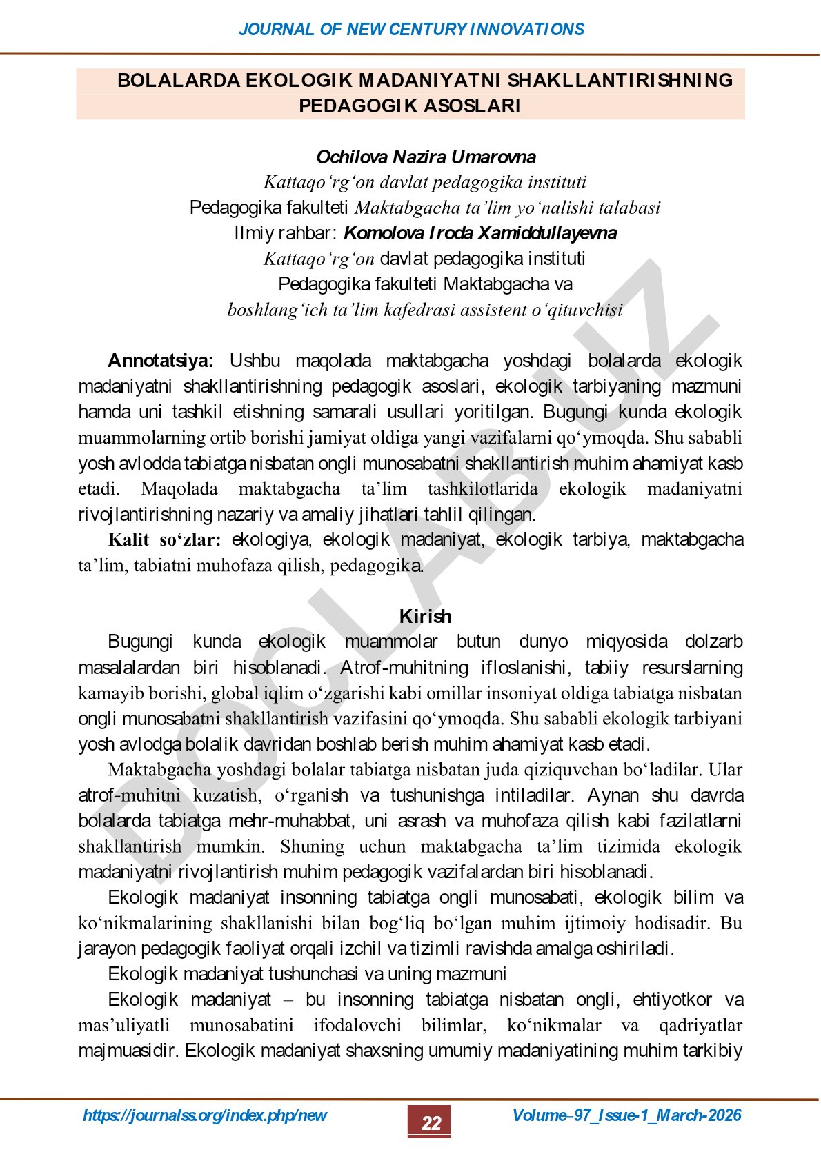 Bolalarda ekologik madaniyatni shakllantirishning pedagogik asoslari