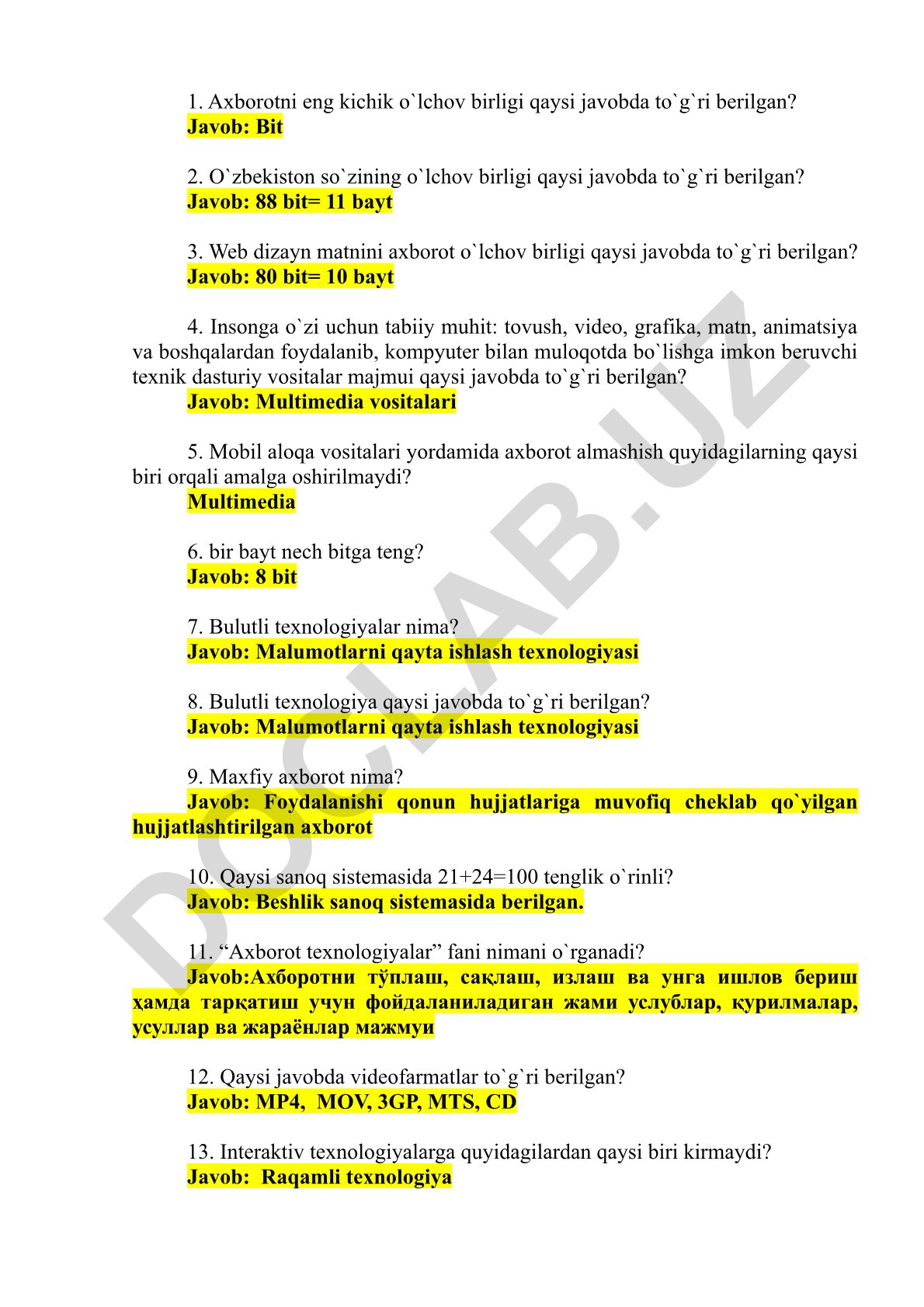 Axborot texnologiyalari va o'lchov birliklari test savollari