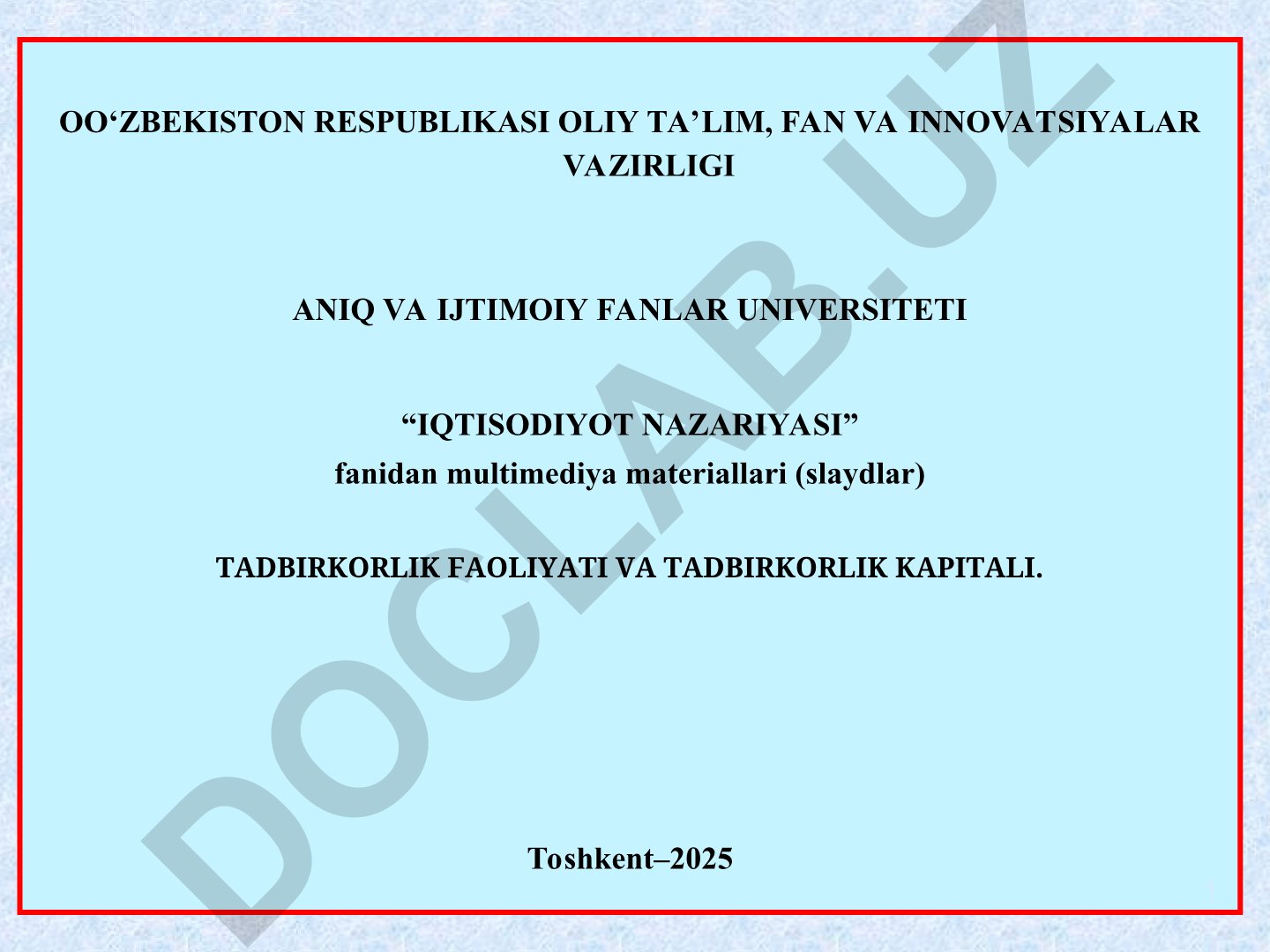 Tadbirkorlik faoliyati va tadbirkorlik kapitali
