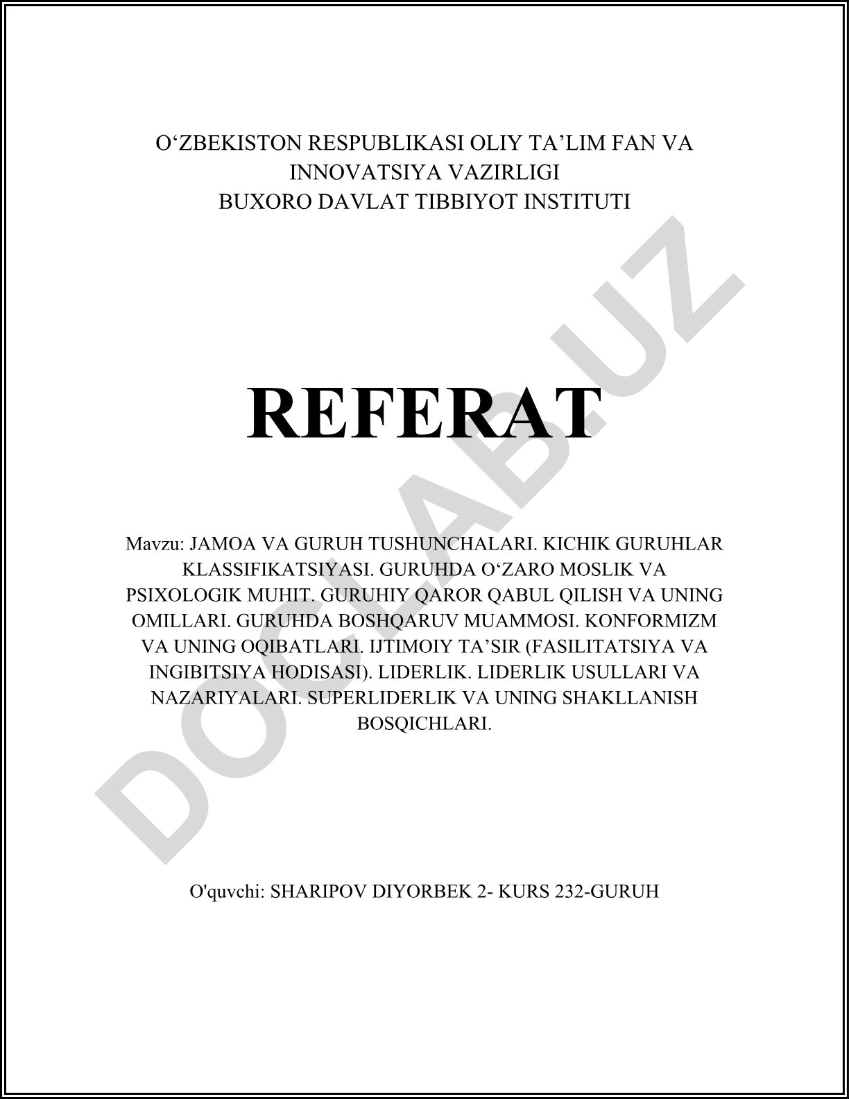 Jamoa va guruh tushunchalari. Kichik guruhlar klassifikatsiyasi. Guruhda o‘zaro moslik va psixologik muhit. Guruhiy qaror qabul qilish va uning omillari. Guruhda boshqaruv muammosi. Konformizm va uning oqibatlari. Ijtimoiy ta’sir (fasilitatsiya va ingibitsiya hodisasi). Liderlik. Liderlik usullari va nazariyalari. Superliderlik va uning shakllanish bosqichlari