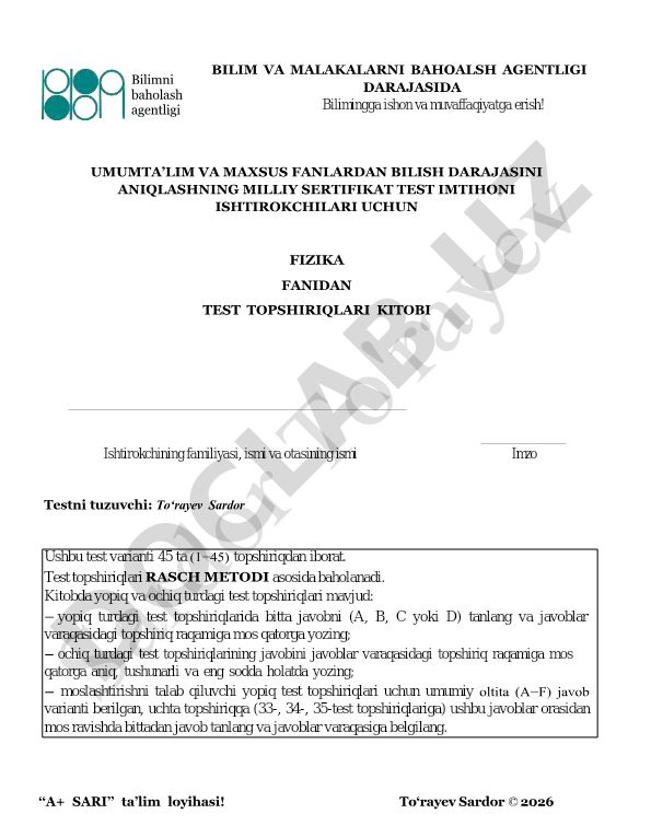 Fizika fanidan milliy sertifikat test topshiriqlari kitobi