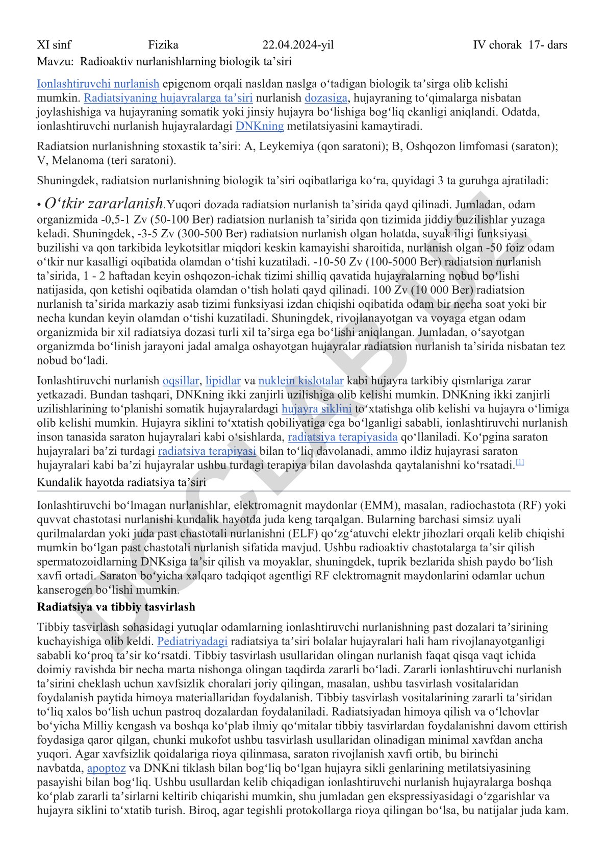 Radioaktiv nurlanishlarning biologik ta'siri
