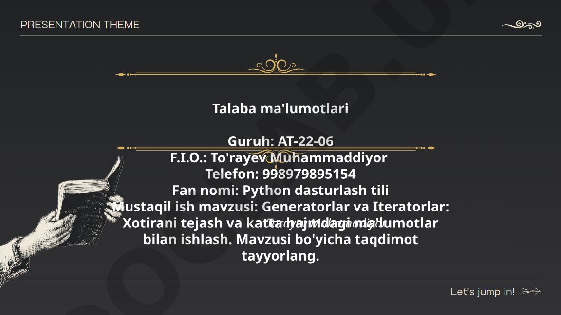 Generatorlar va Iteratorlar: Xotirani tejash va katta hajmdagi ma'lumotlar bilan ishlash