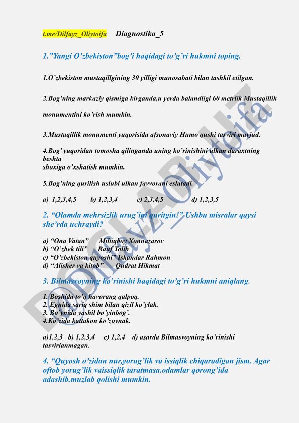 O'zbekiston madaniyati va geografiyasiga oid test savollari