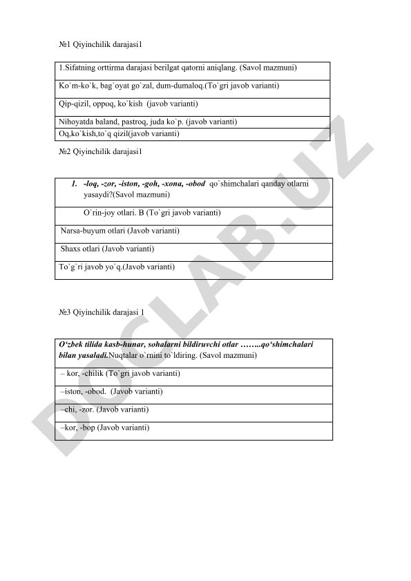 O'zbek tili test savollari va javoblari