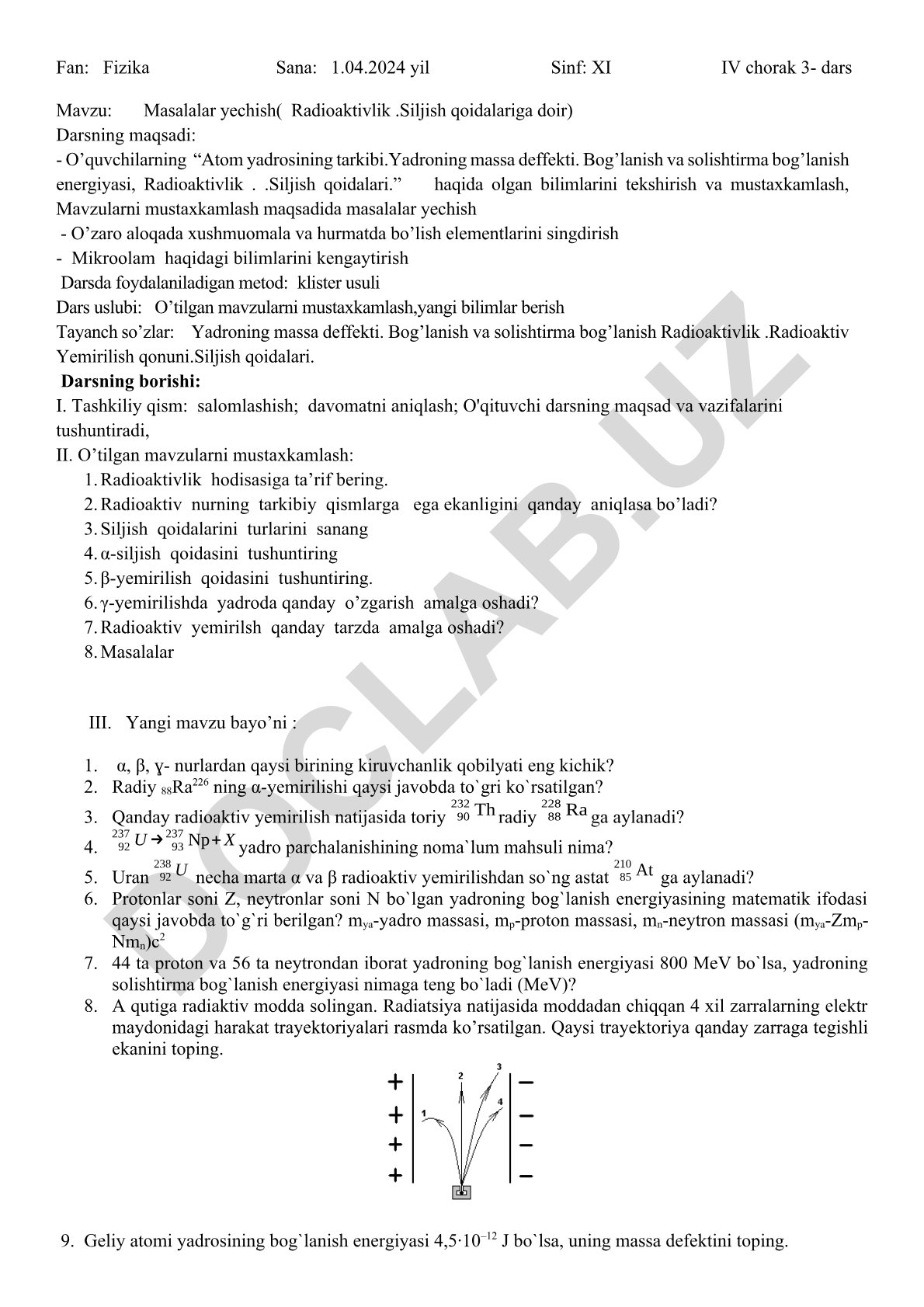 Masalalar yechish (Radioaktivlik va Siljish qoidalariga doir)