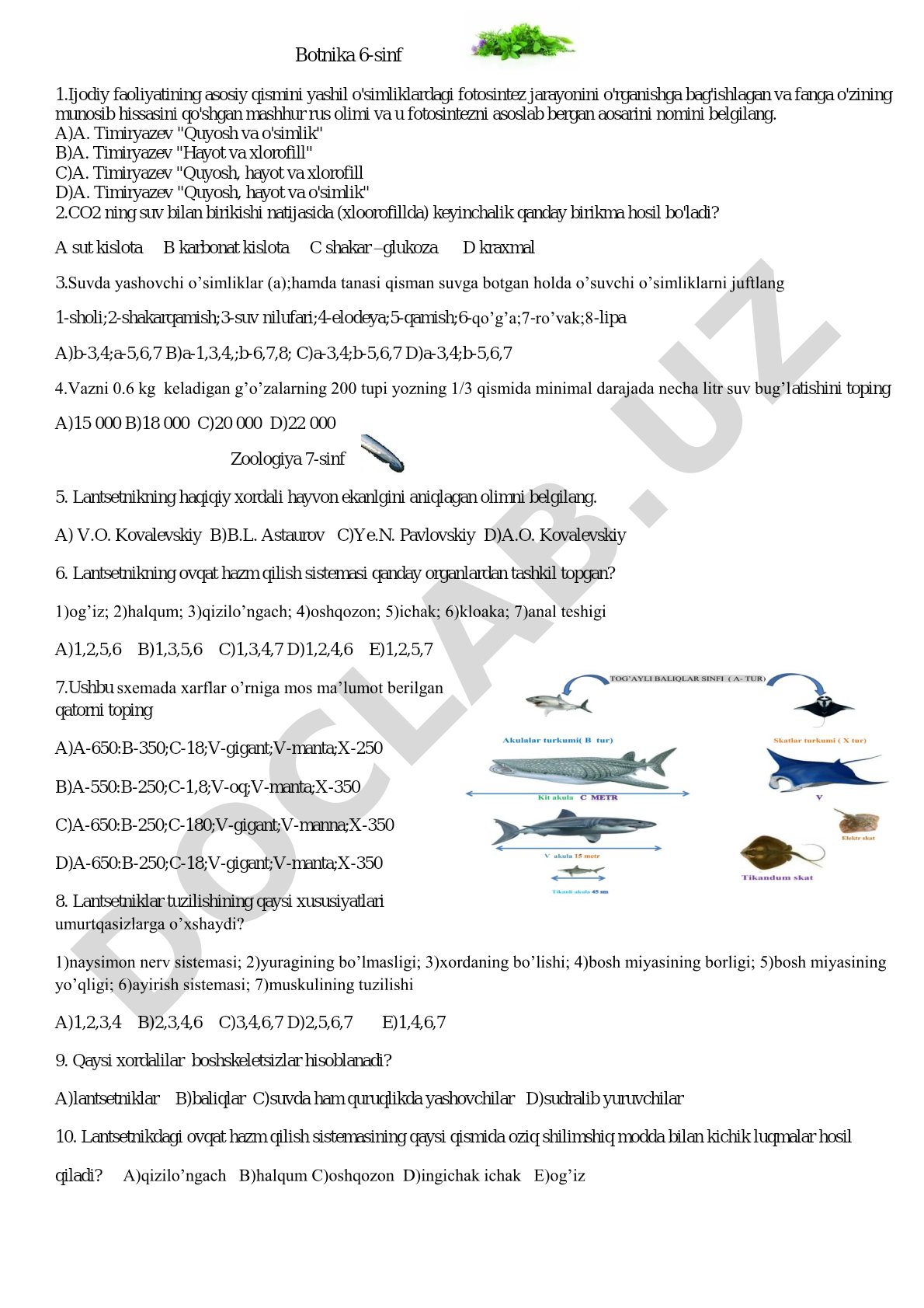 Botanika va zoologiya fanlaridan test savollari