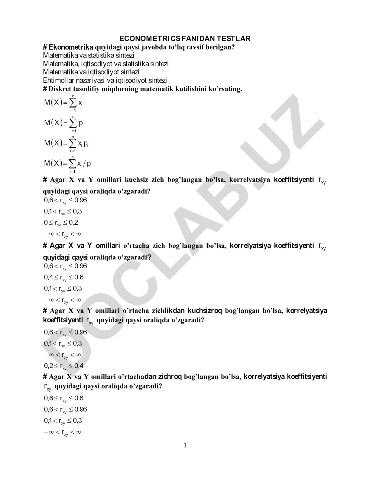Ekonometrika fanidan test savollari