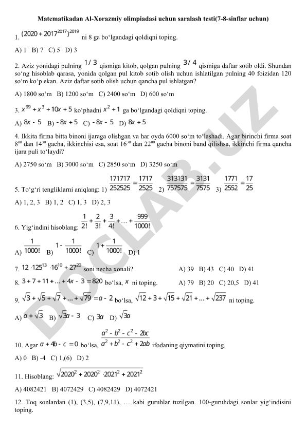 Matematikadan Al-Xorazmiy olimpiadasi uchun saralash testi (7-8-sinflar)