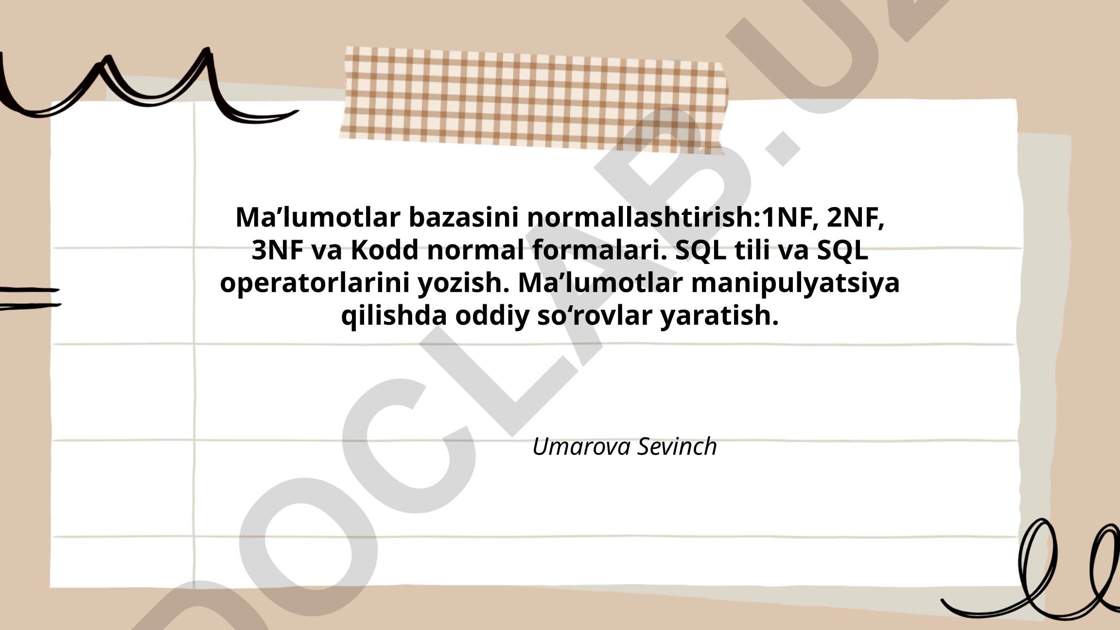 Ma'lumotlar bazasini normallashtirish: 1NF, 2NF, 3NF va Kodd normal formalari