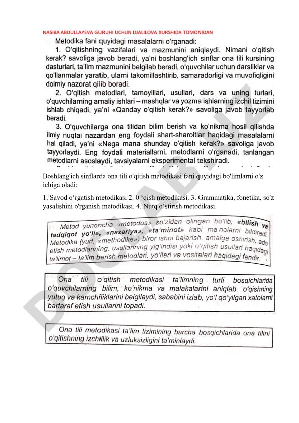 Boshlang'ich sinflarda ona tili o'qitish metodikasi